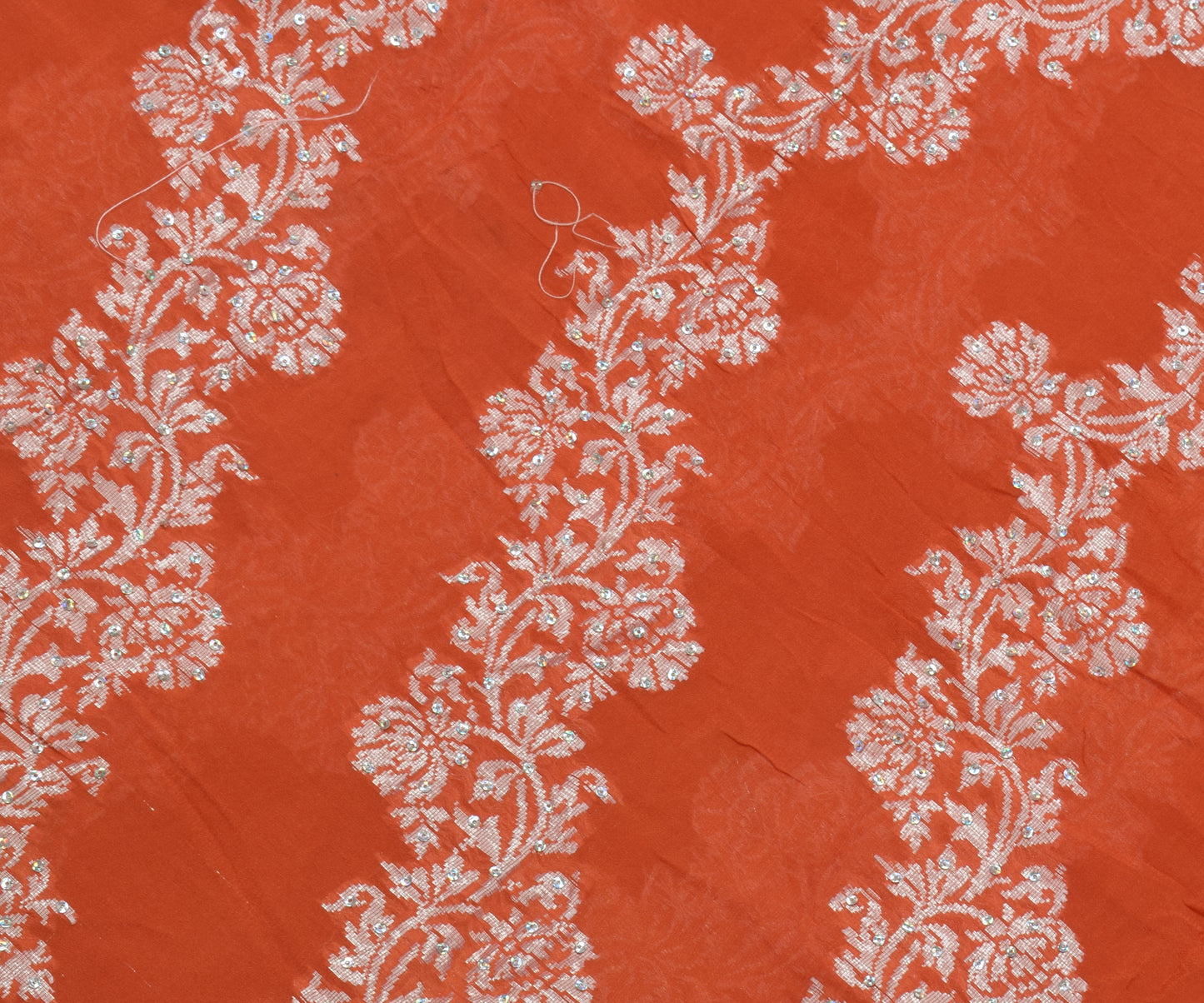 Sushila Vintage Orange Saree Pure Georgette Silk Hand Beaded & Woven Sari Fabric