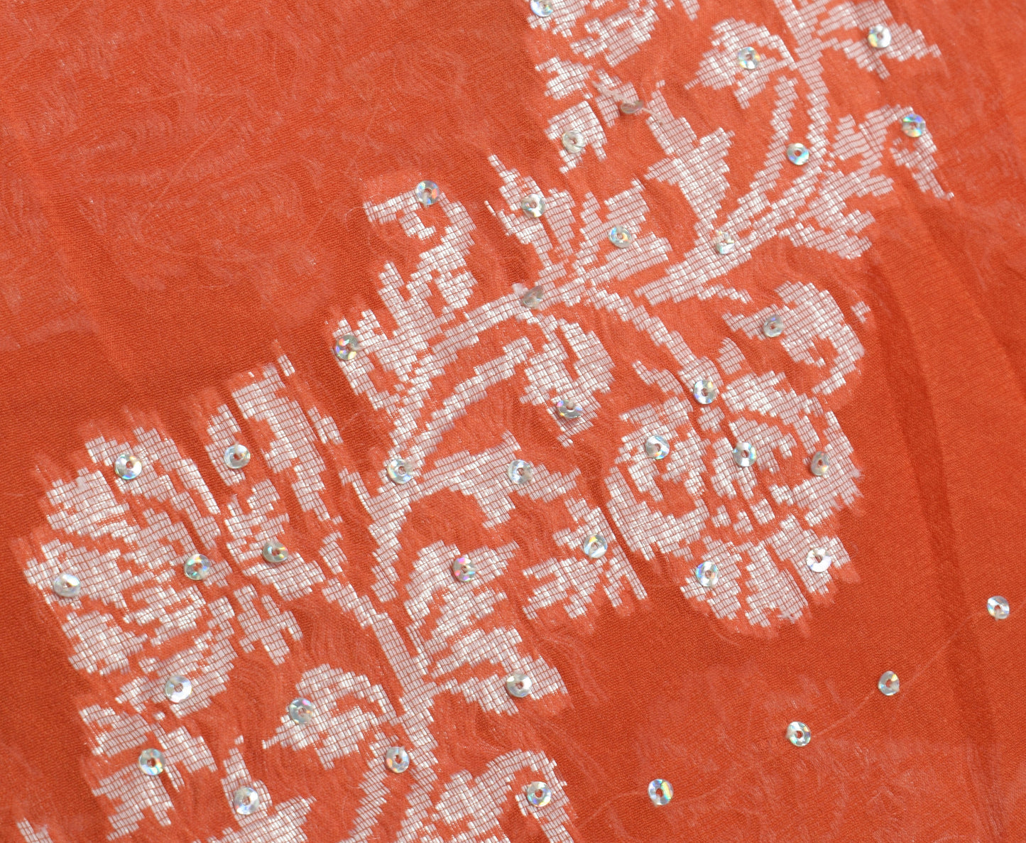 Sushila Vintage Orange Saree Pure Georgette Silk Hand Beaded & Woven Sari Fabric