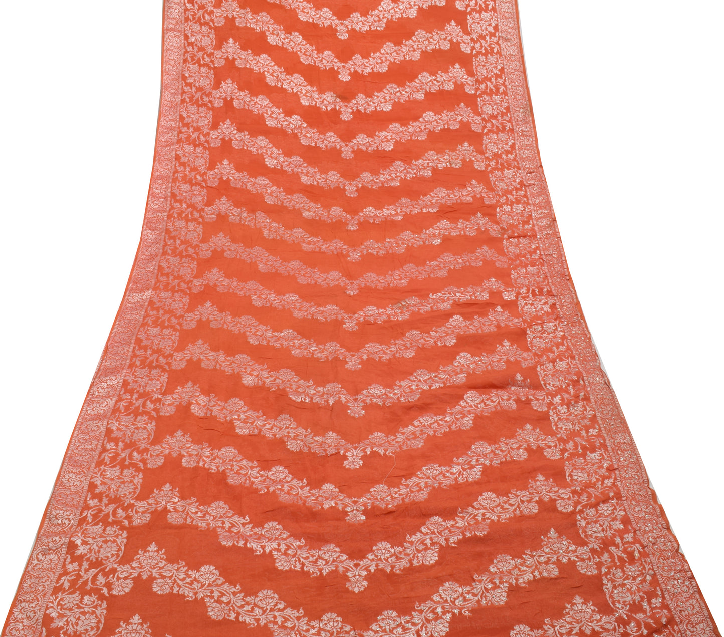 Sushila Vintage Orange Saree Pure Georgette Silk Hand Beaded & Woven Sari Fabric