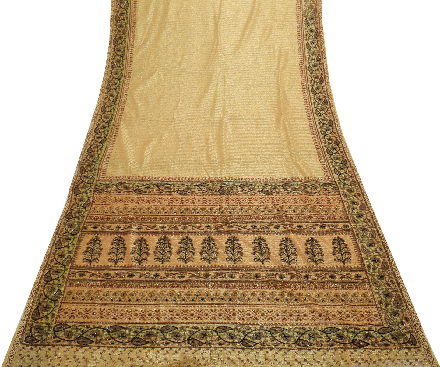 Sushila Vintage Golden Indian Saree Net Mesh Hand Beaded Paisley Sari Fabric