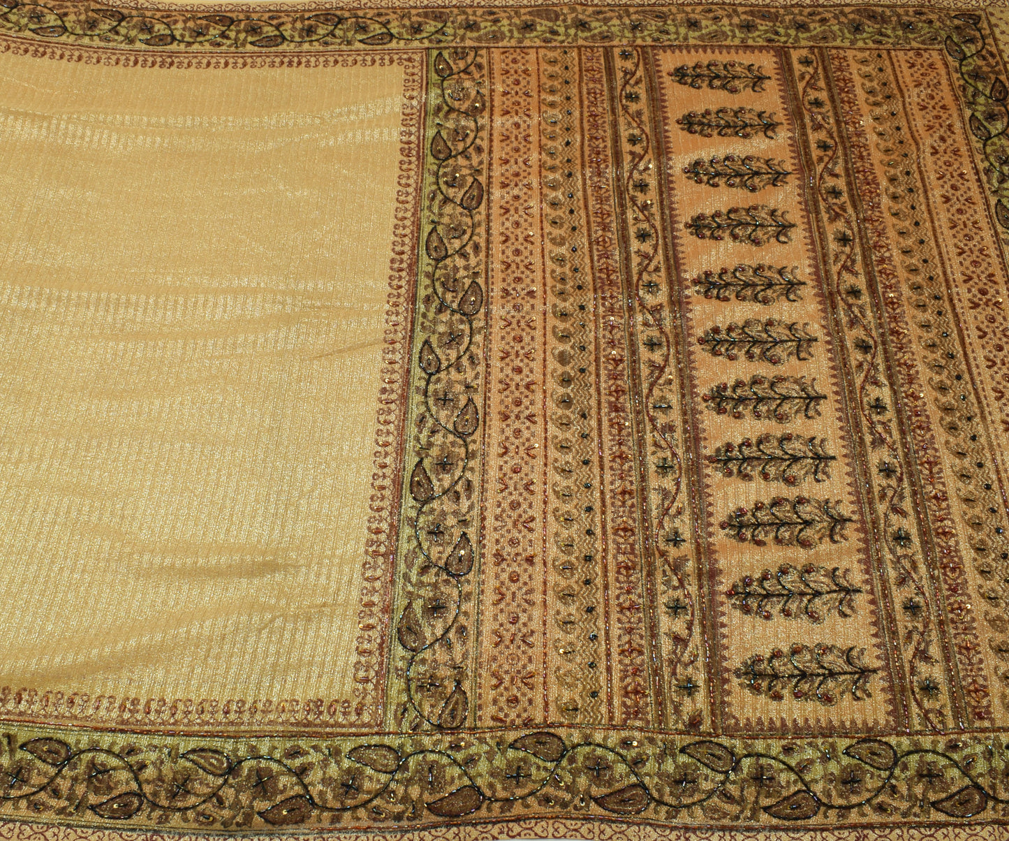 Sushila Vintage Golden Indian Saree Net Mesh Hand Beaded Paisley Sari Fabric