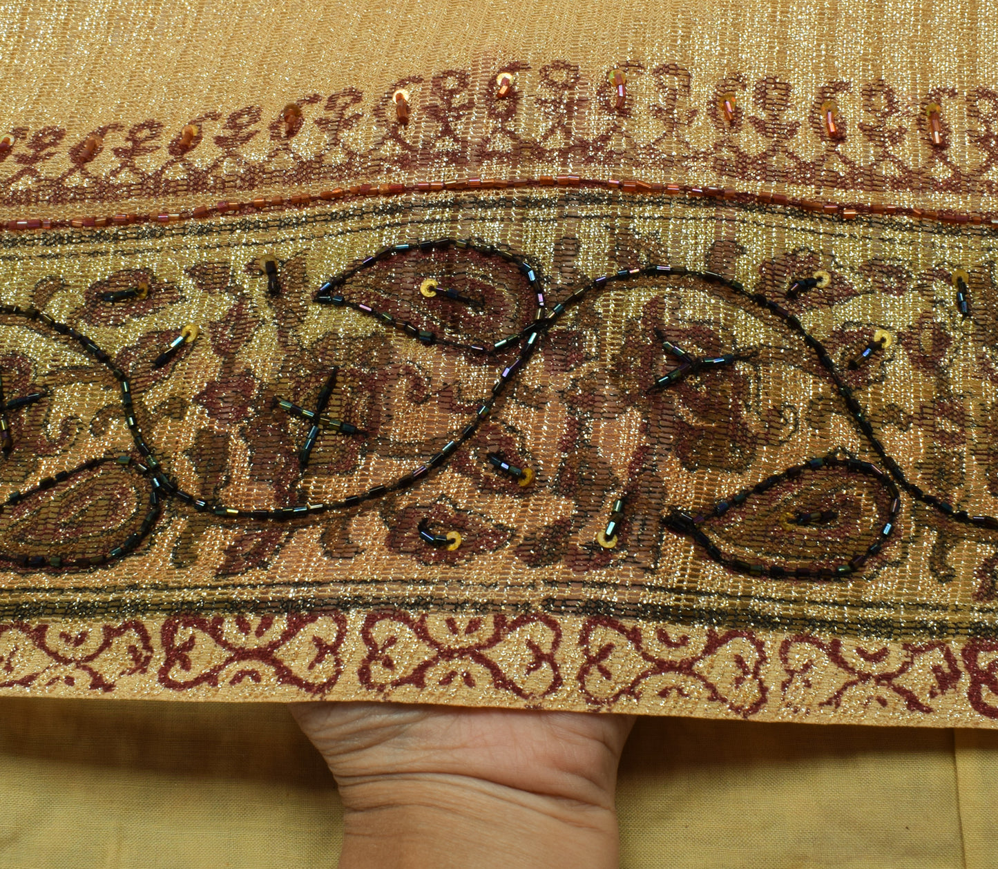 Sushila Vintage Golden Indian Saree Net Mesh Hand Beaded Paisley Sari Fabric