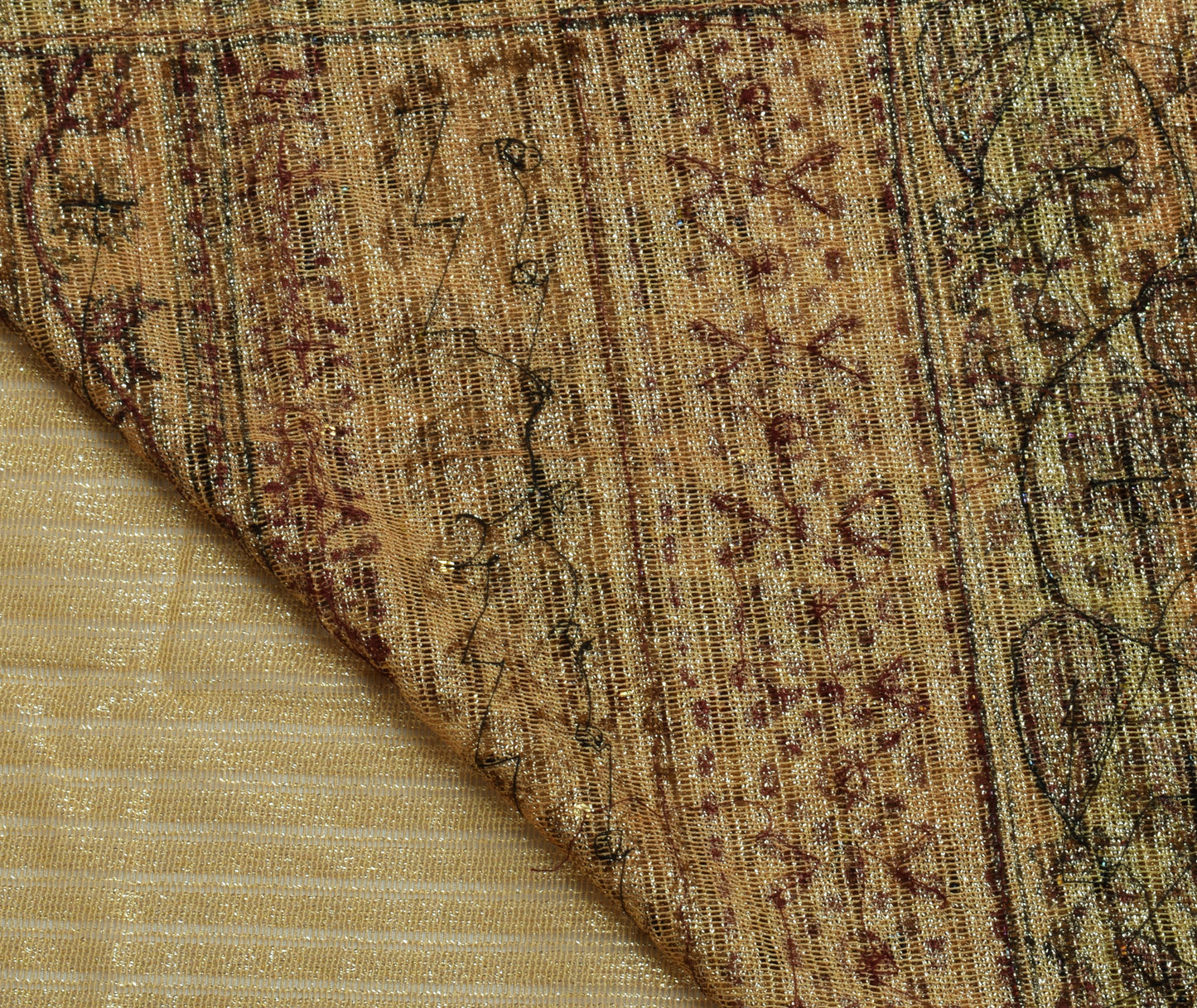 Sushila Vintage Golden Indian Saree Net Mesh Hand Beaded Paisley Sari Fabric