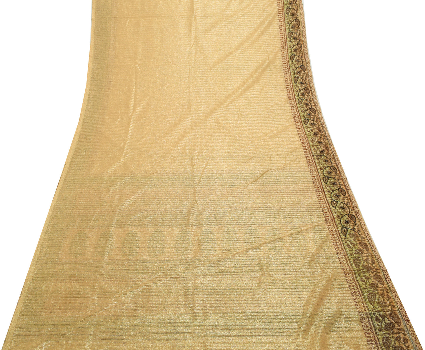 Sushila Vintage Golden Indian Saree Net Mesh Hand Beaded Paisley Sari Fabric