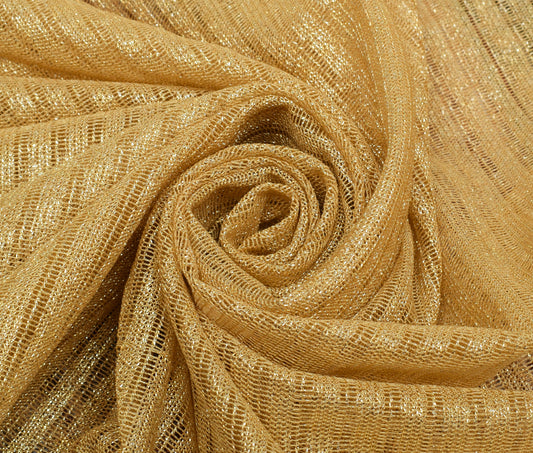 Sushila Vintage Golden Indian Saree Net Mesh Hand Beaded Paisley Sari Fabric