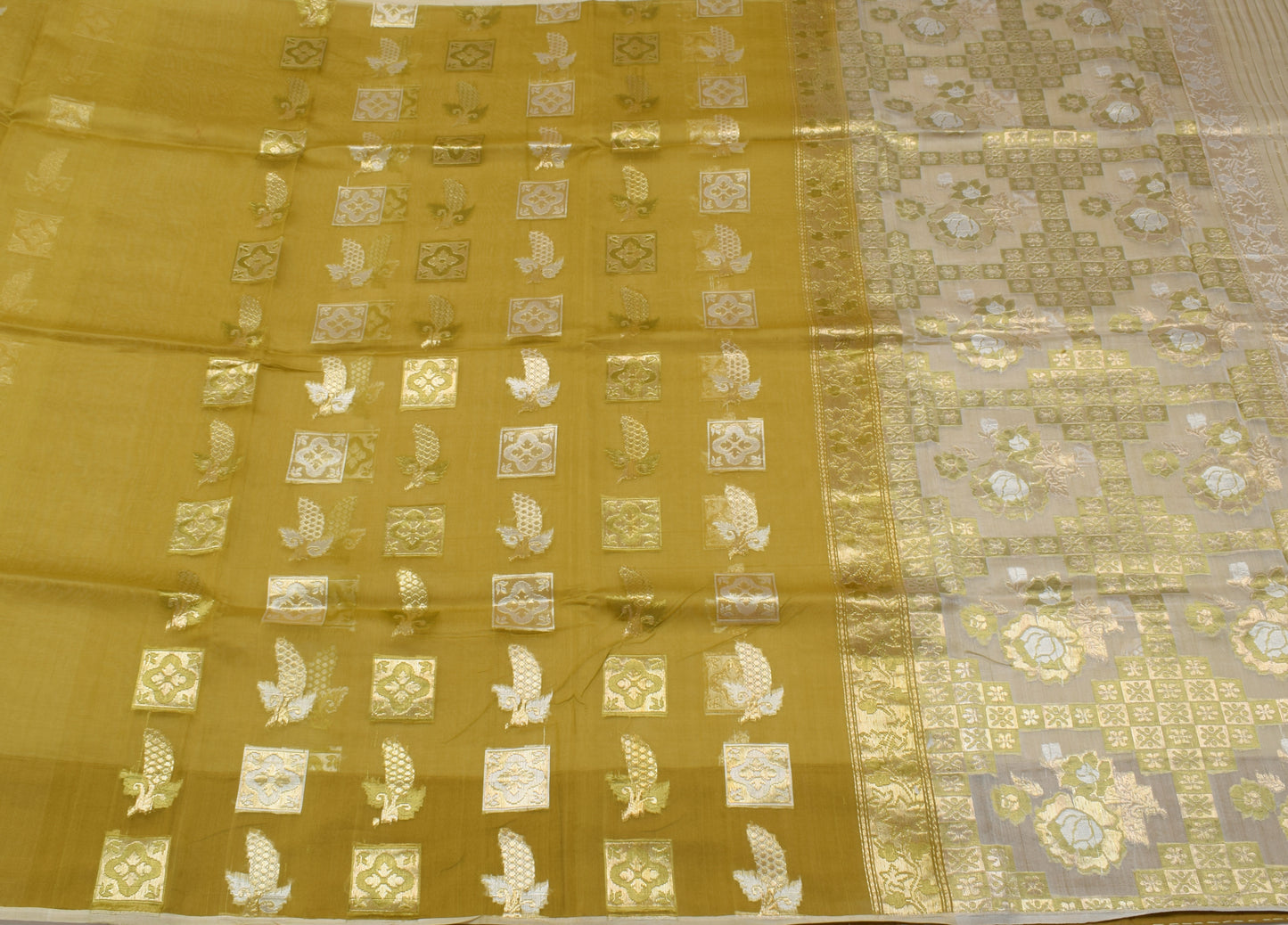 Sushila Vintage Green Indian Saree 100% Pure Cotton Woven Floral Sari Fabric