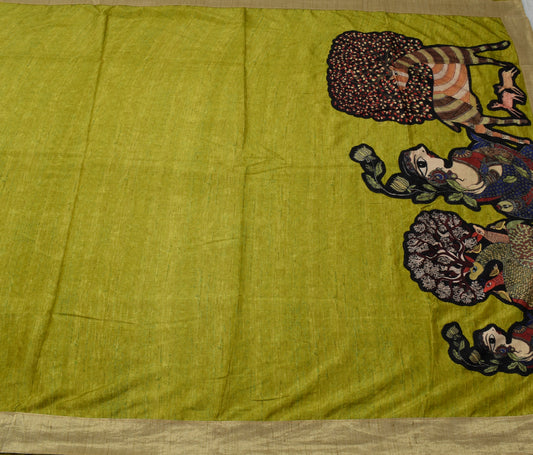 Sushila Vintage Green Indian Saree Blend Silk Humans Applique Work Sari Fabric