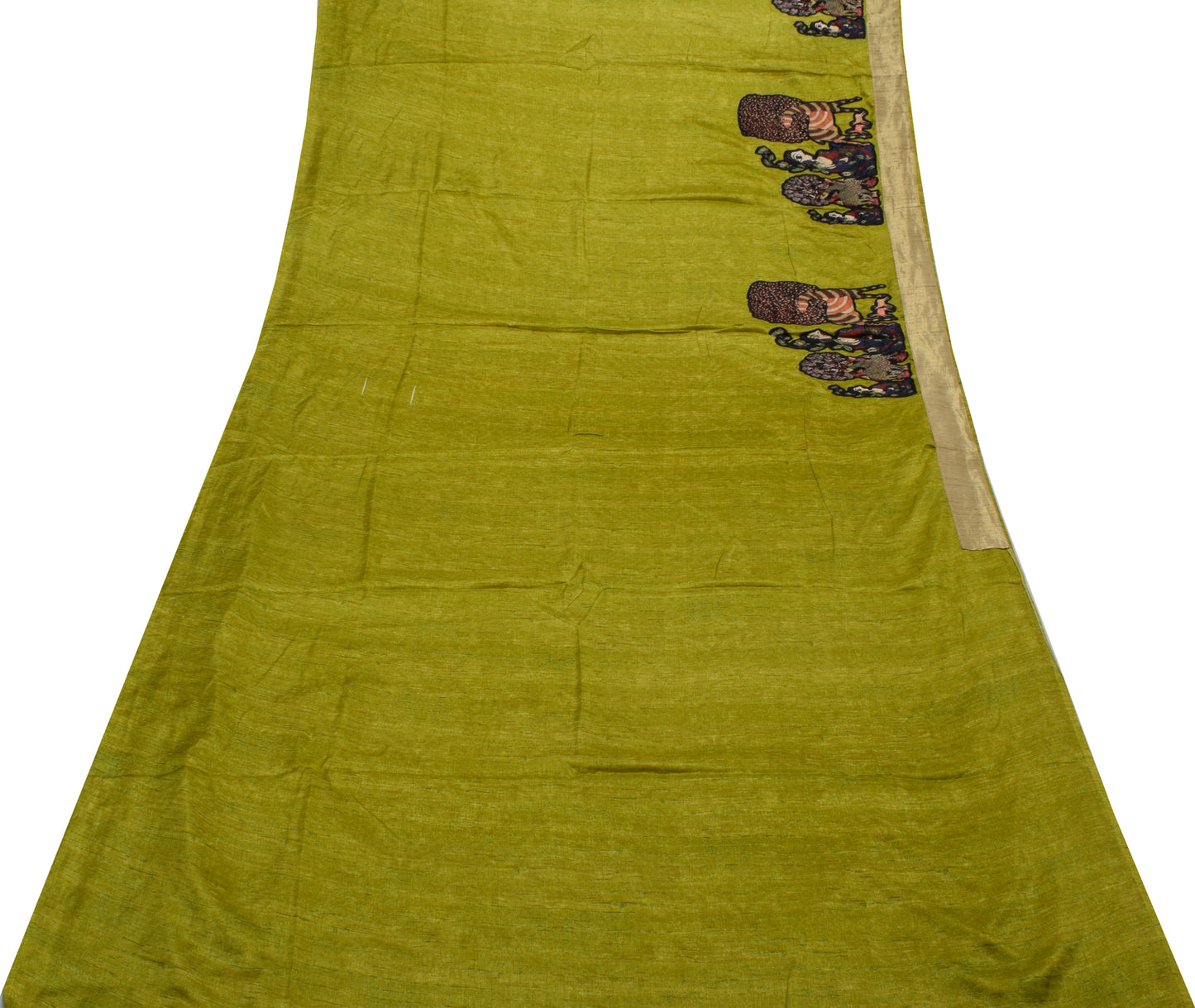 Sushila Vintage Green Indian Saree Blend Silk Humans Applique Work Sari Fabric