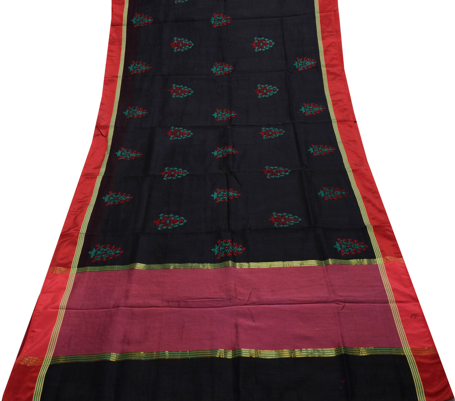 Sushila Vintage Black Saree Blend Silk Hand Embroidered Floral Sari Craft Fabric