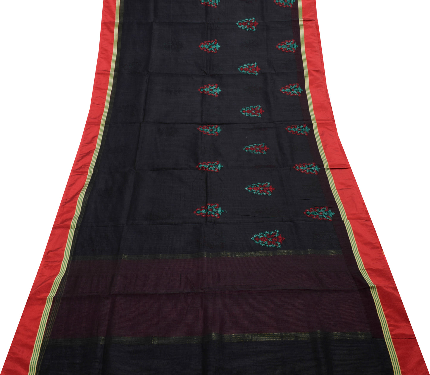 Sushila Vintage Black Saree Blend Silk Hand Embroidered Floral Sari Craft Fabric