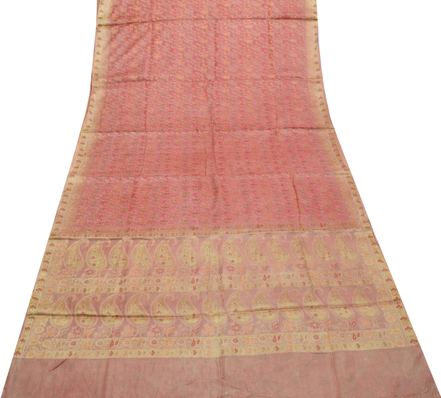 Sushila Vintage Peach Saree 100% Pure Silk Woven Paisley Sari Craft 5 YD Fabric