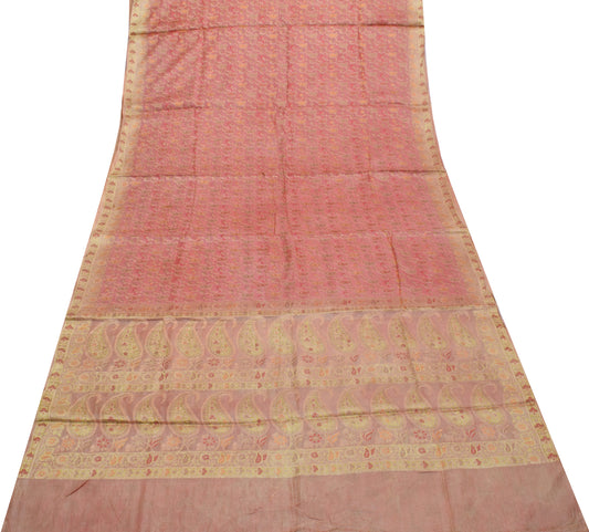 Sushila Vintage Peach Saree 100% Pure Silk Woven Paisley Sari Craft 5 YD Fabric