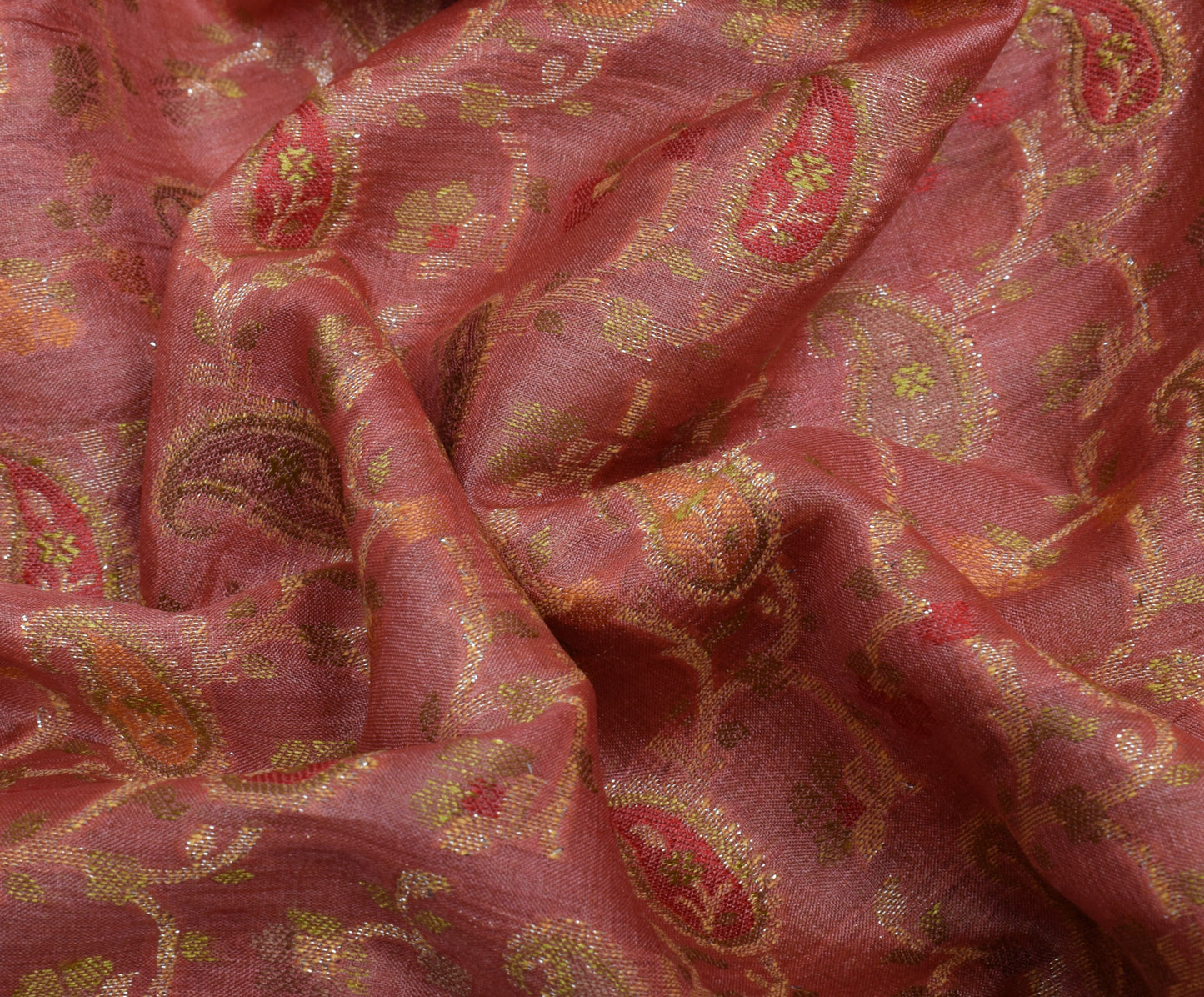 Sushila Vintage Peach Saree 100% Pure Silk Woven Paisley Sari Craft 5 YD Fabric