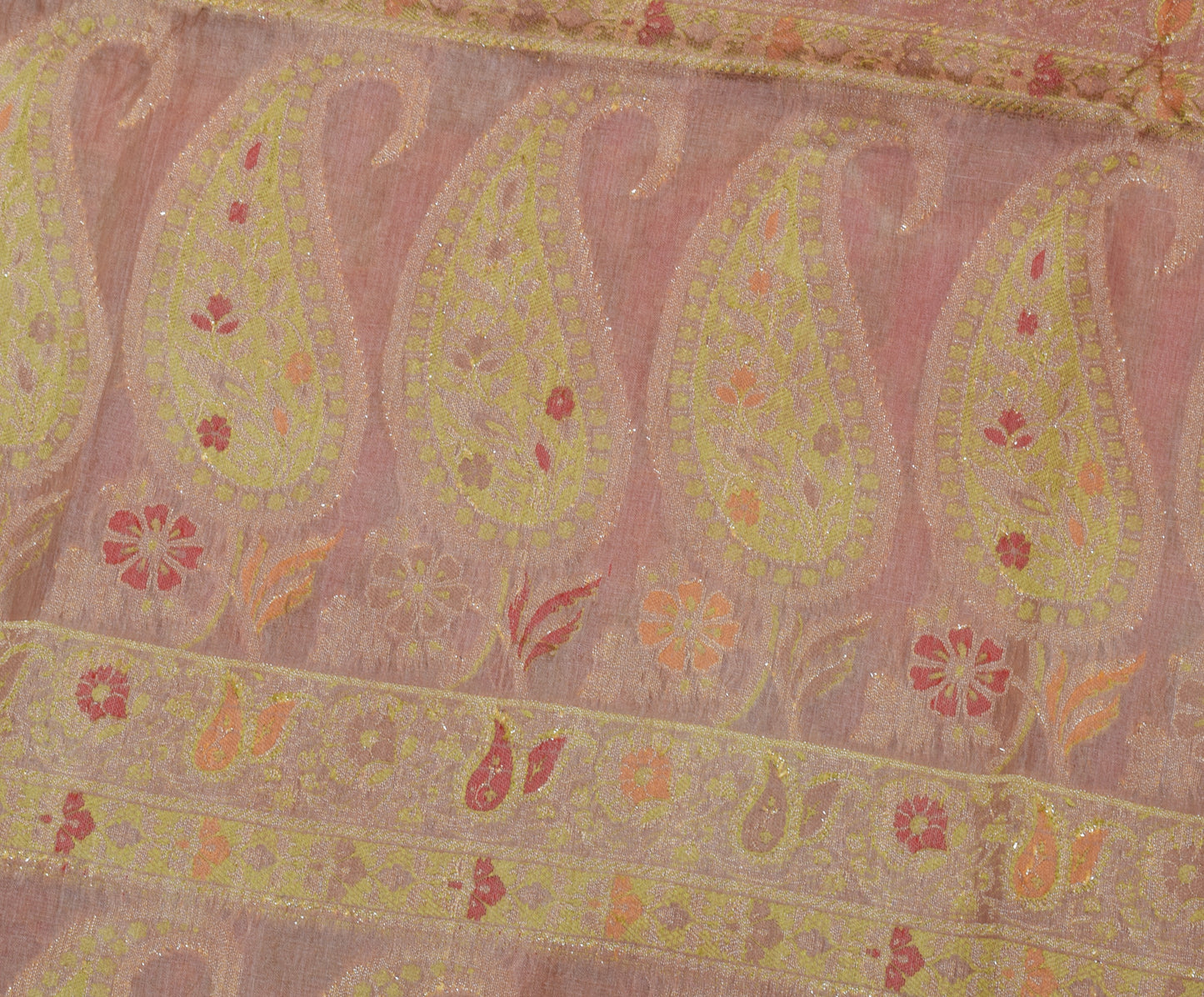 Sushila Vintage Peach Saree 100% Pure Silk Woven Paisley Sari Craft 5 YD Fabric