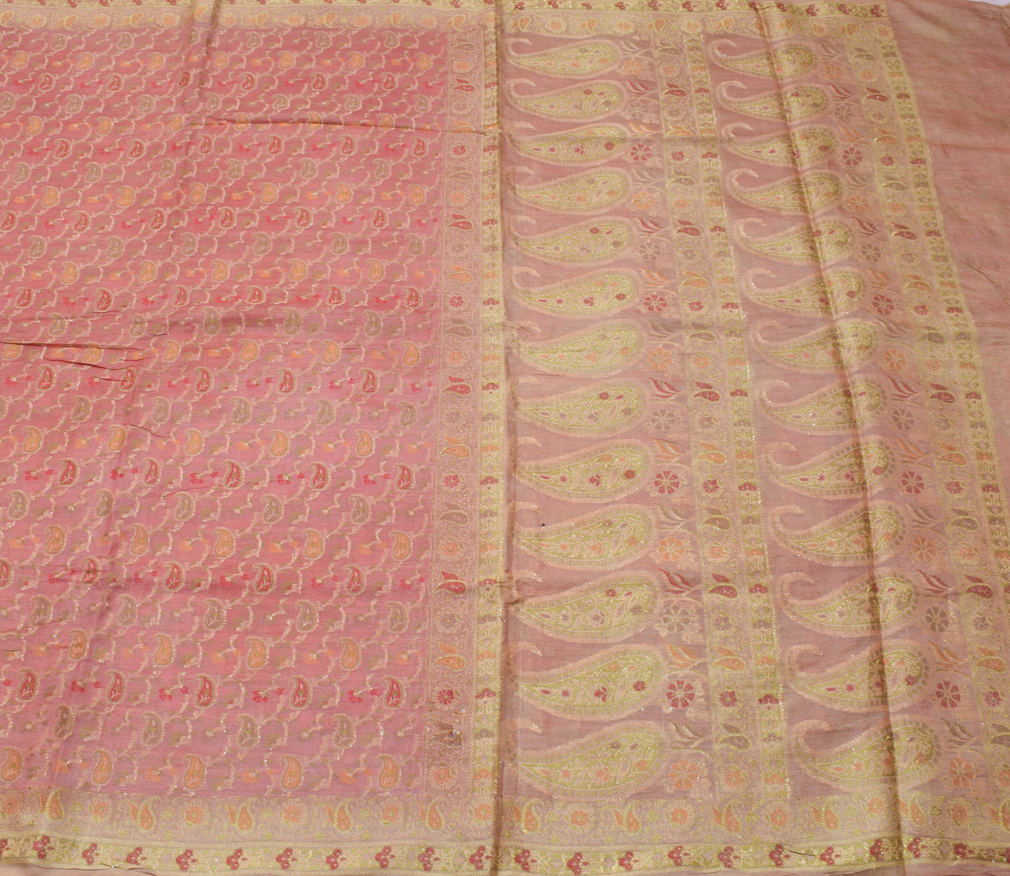 Sushila Vintage Peach Saree 100% Pure Silk Woven Paisley Sari Craft 5 YD Fabric