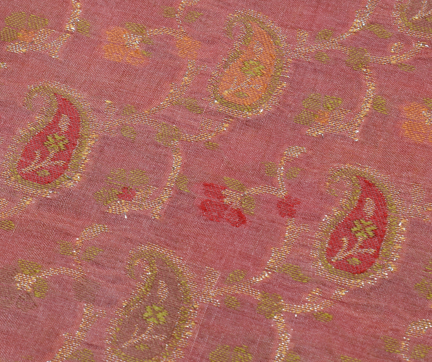 Sushila Vintage Peach Saree 100% Pure Silk Woven Paisley Sari Craft 5 YD Fabric