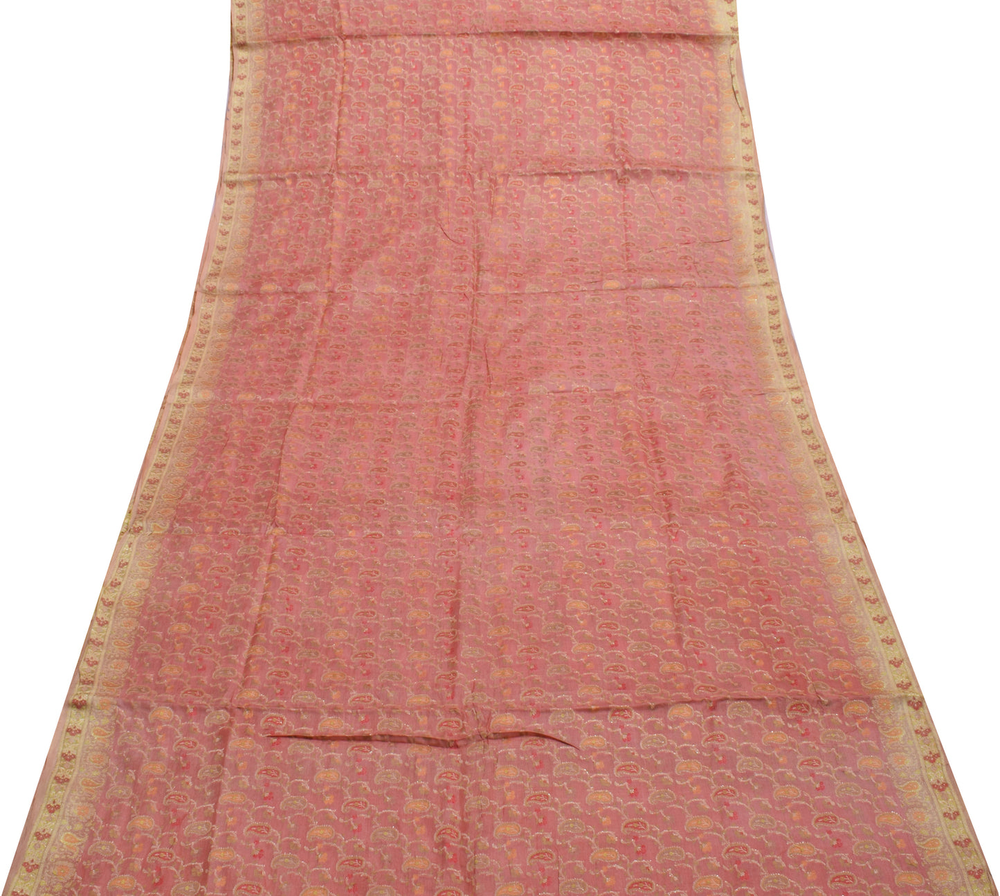 Sushila Vintage Peach Saree 100% Pure Silk Woven Paisley Sari Craft 5 YD Fabric