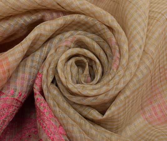 Sushila Vintage Light Brown Saree Blend Cotton Embroidered Paisley Sari Fabric