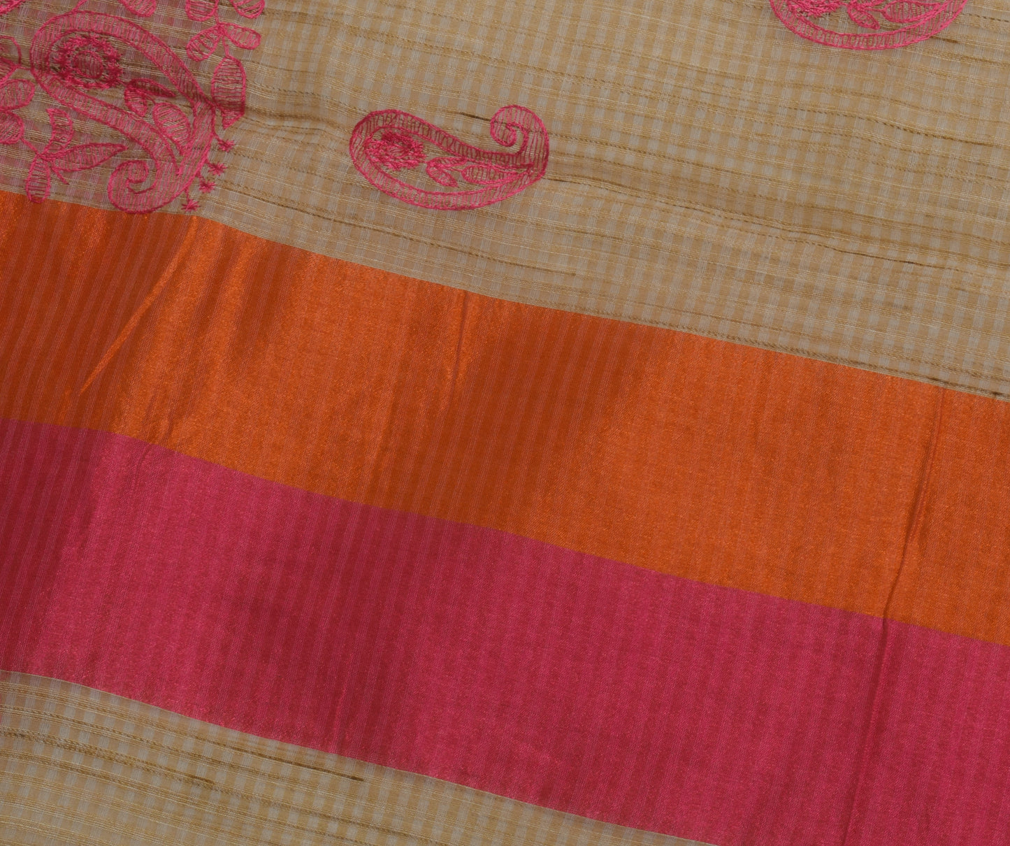 Sushila Vintage Light Brown Saree Blend Cotton Embroidered Paisley Sari Fabric