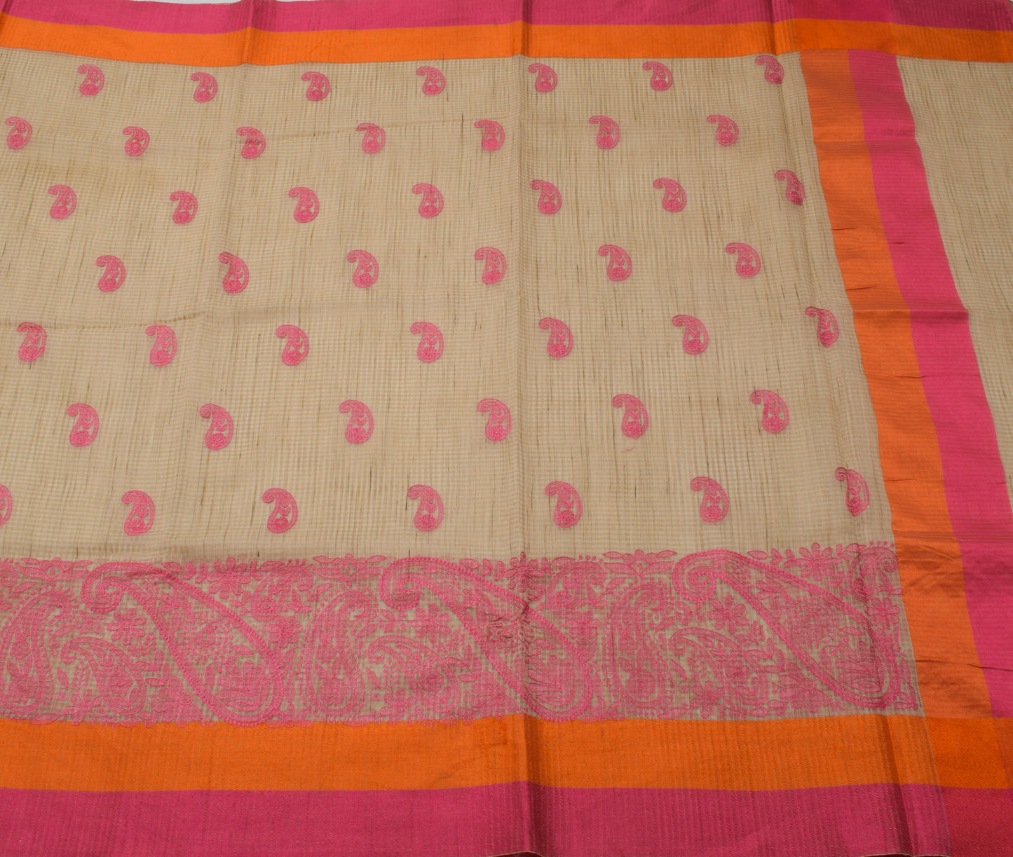 Sushila Vintage Light Brown Saree Blend Cotton Embroidered Paisley Sari Fabric