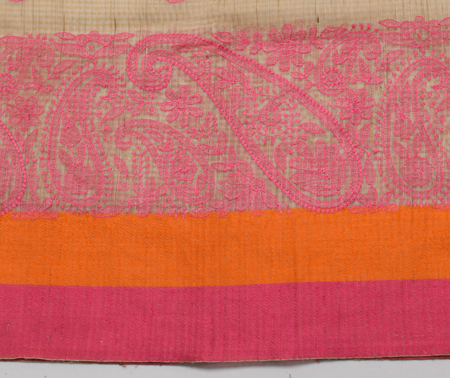 Sushila Vintage Light Brown Saree Blend Cotton Embroidered Paisley Sari Fabric