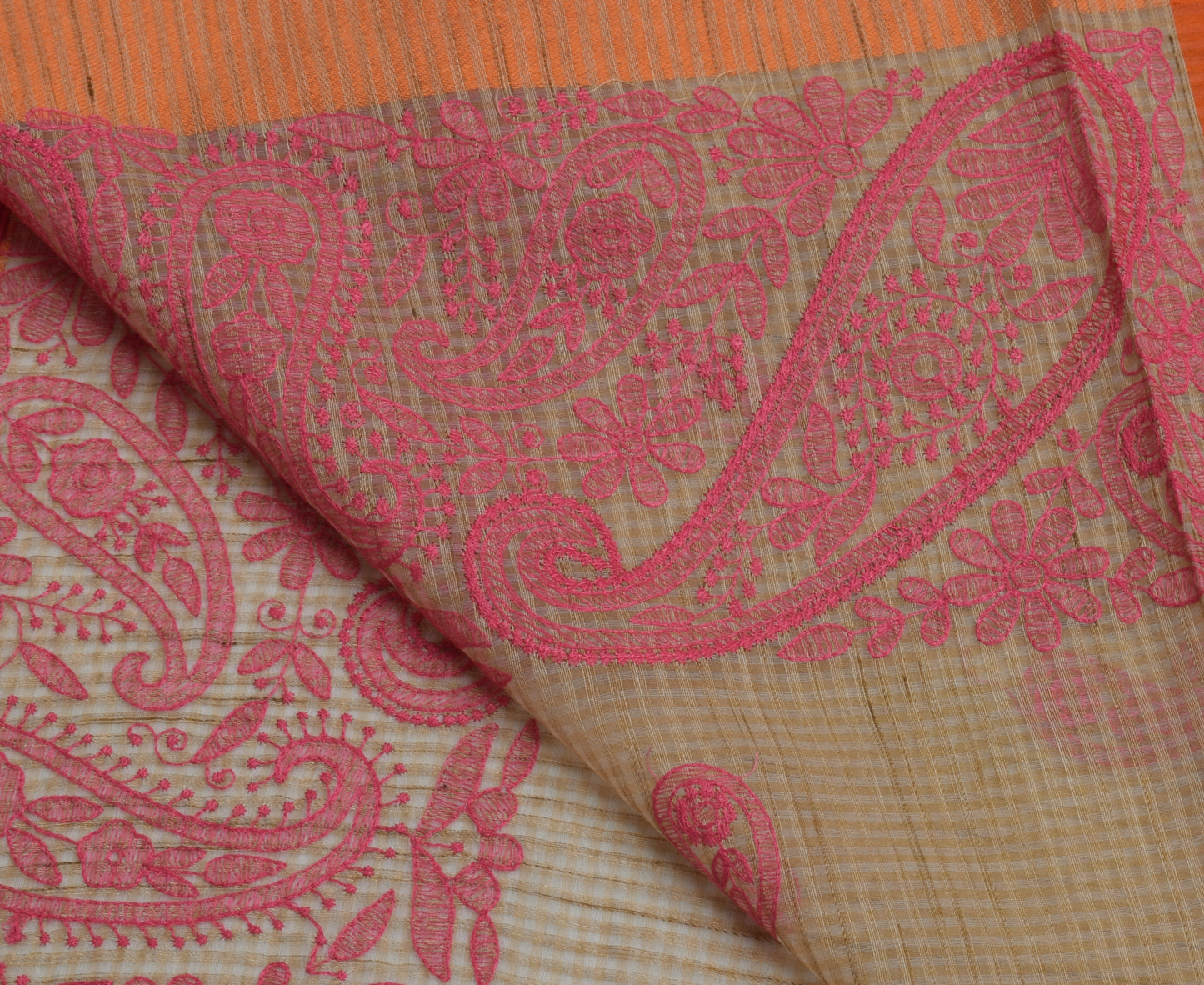 Sushila Vintage Light Brown Saree Blend Cotton Embroidered Paisley Sari Fabric