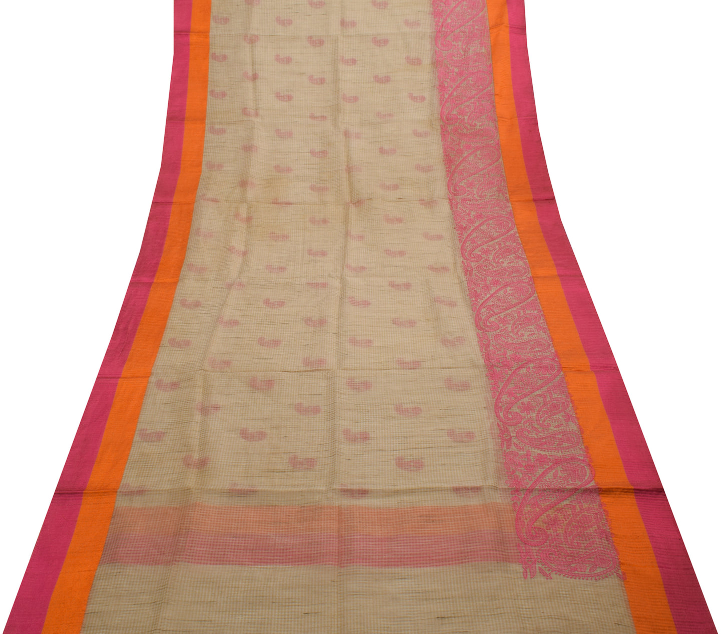 Sushila Vintage Light Brown Saree Blend Cotton Embroidered Paisley Sari Fabric