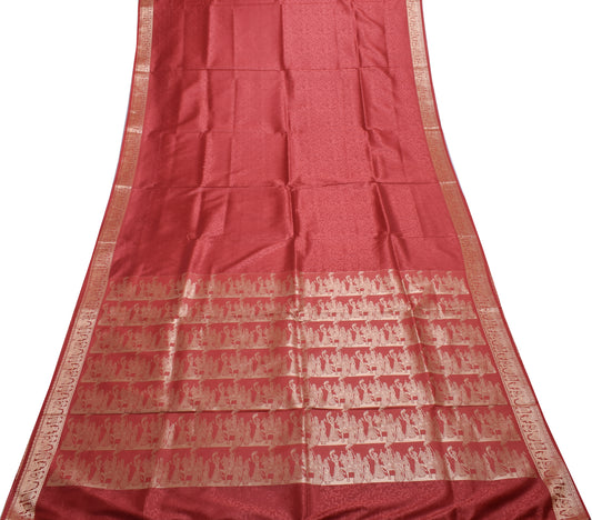 Sushila Vintage Dark Peach Saree Blend Silk Self Woven Floral Sari Craft Fabric