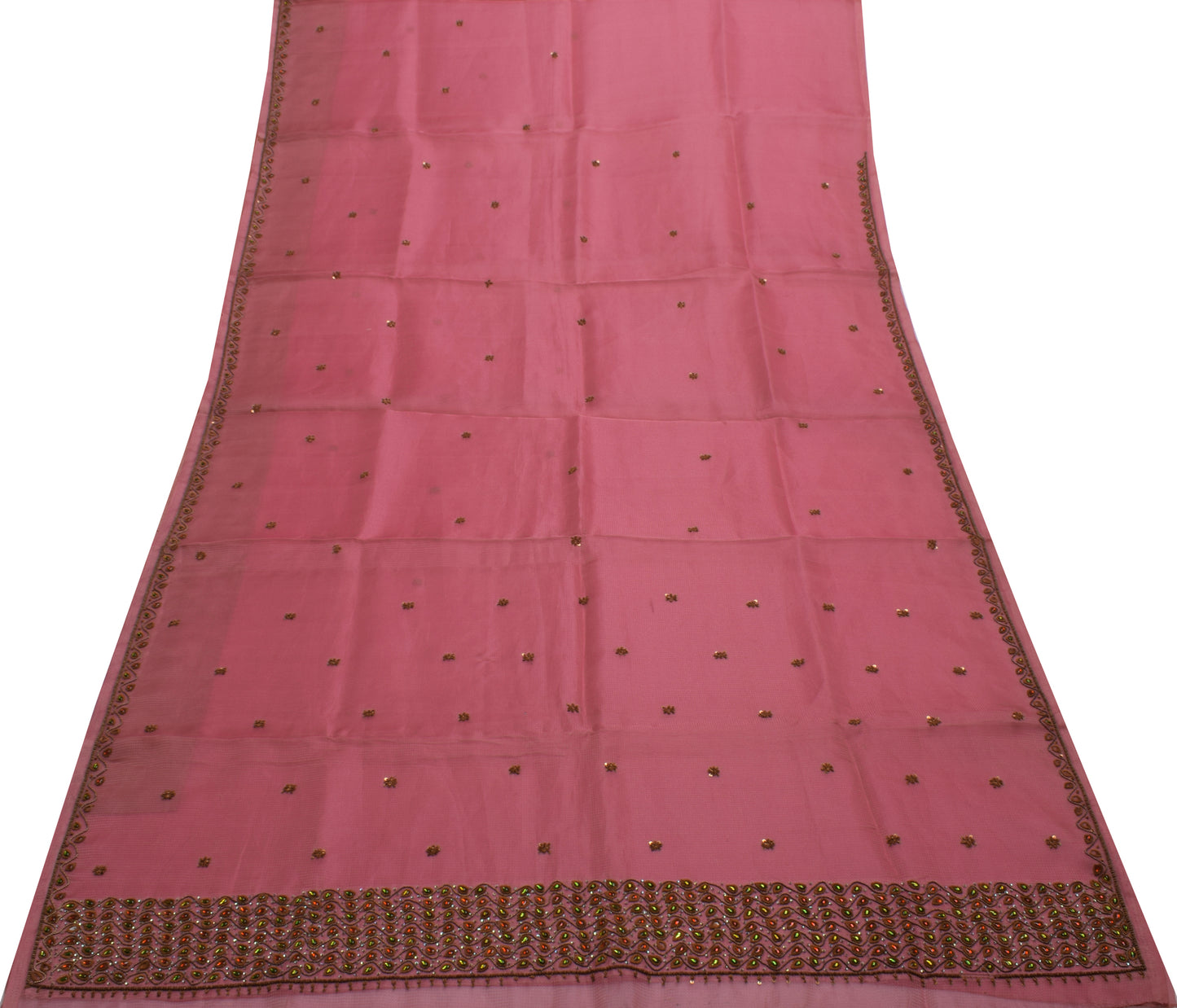 Sushila Vintage Pink Saree Blend Tissue Silk Hand Beaded Zardozi Sari Fabric