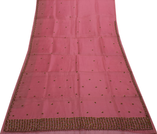 Sushila Vintage Pink Saree Blend Tissue Silk Hand Beaded Zardozi Sari Fabric