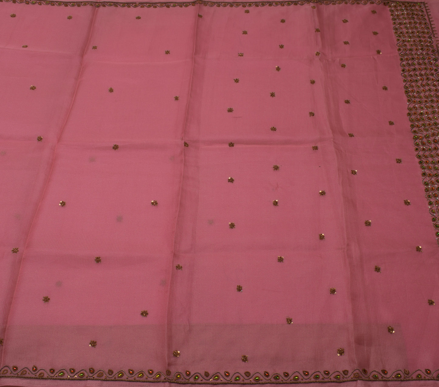 Sushila Vintage Pink Saree Blend Tissue Silk Hand Beaded Zardozi Sari Fabric