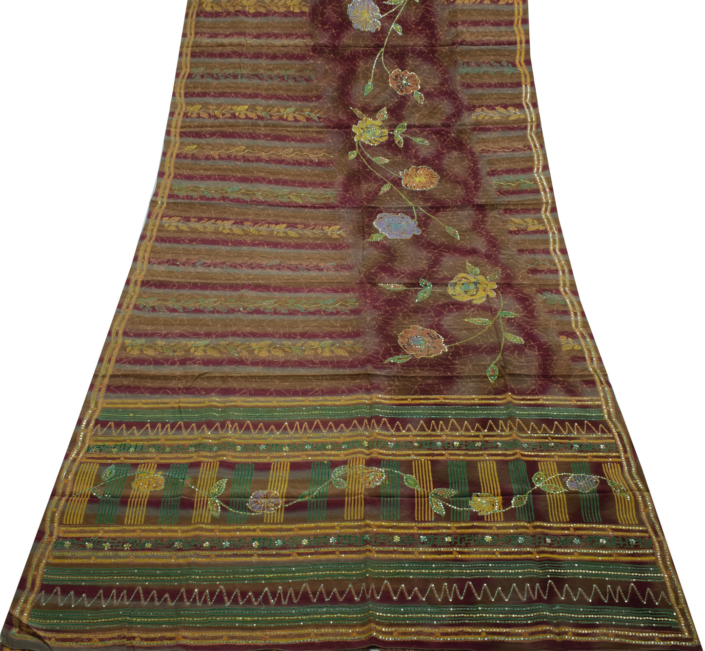 Sushila Vintage Multi-Color Saree Pure Crepe Hand Embroidered Kantha Sari Fabric