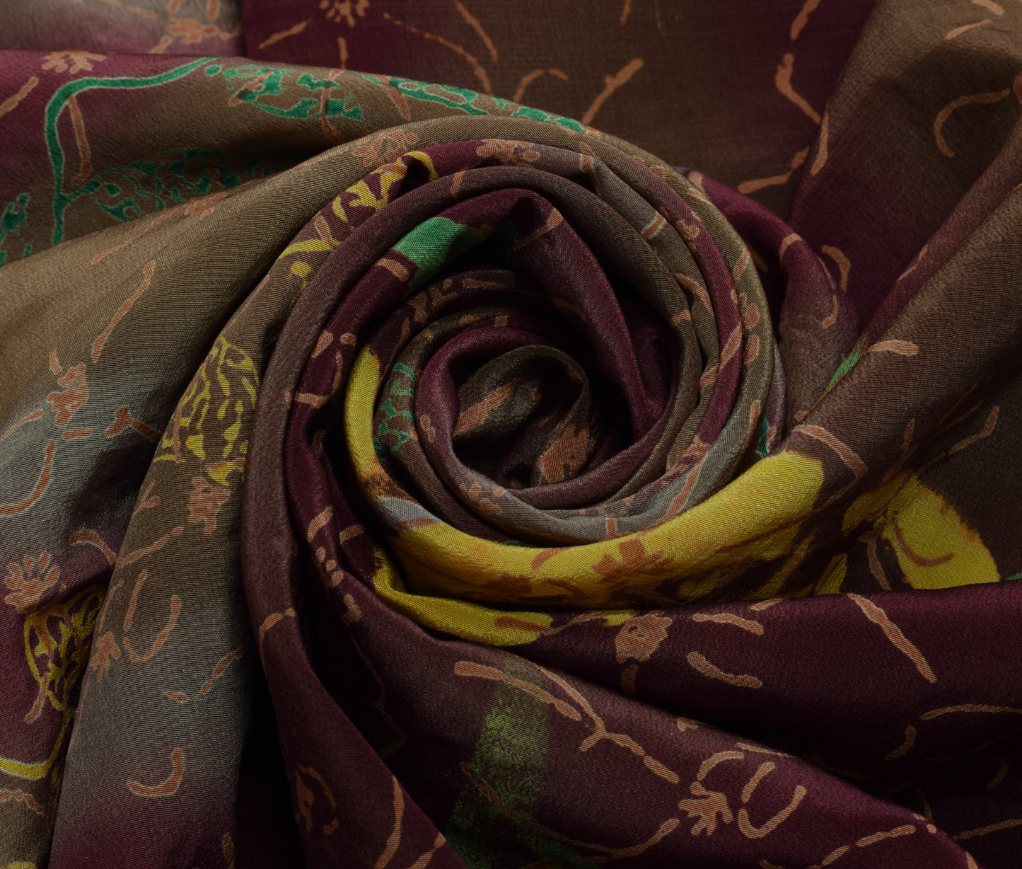Sushila Vintage Multi-Color Saree Pure Crepe Hand Embroidered Kantha Sari Fabric