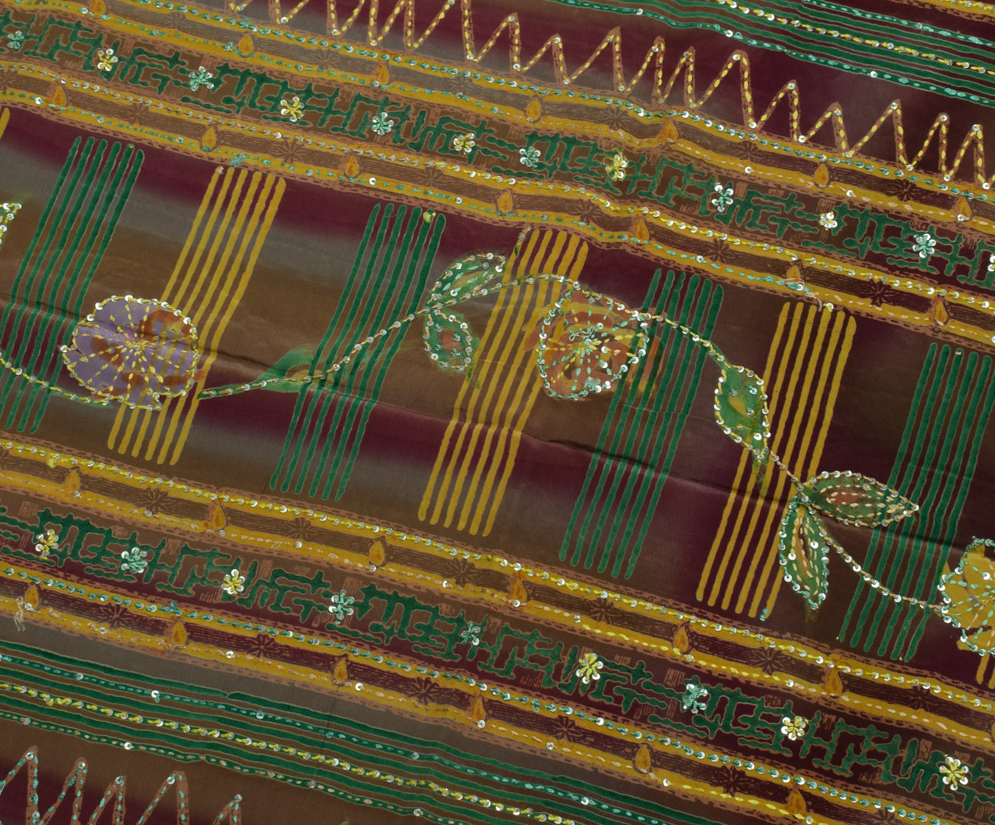 Sushila Vintage Multi-Color Saree Pure Crepe Hand Embroidered Kantha Sari Fabric