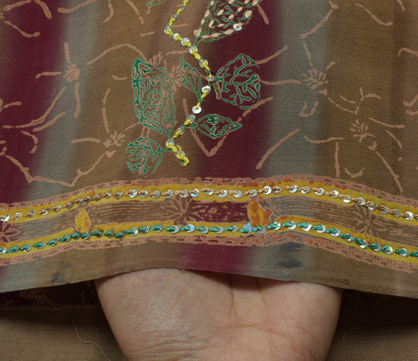Sushila Vintage Multi-Color Saree Pure Crepe Hand Embroidered Kantha Sari Fabric