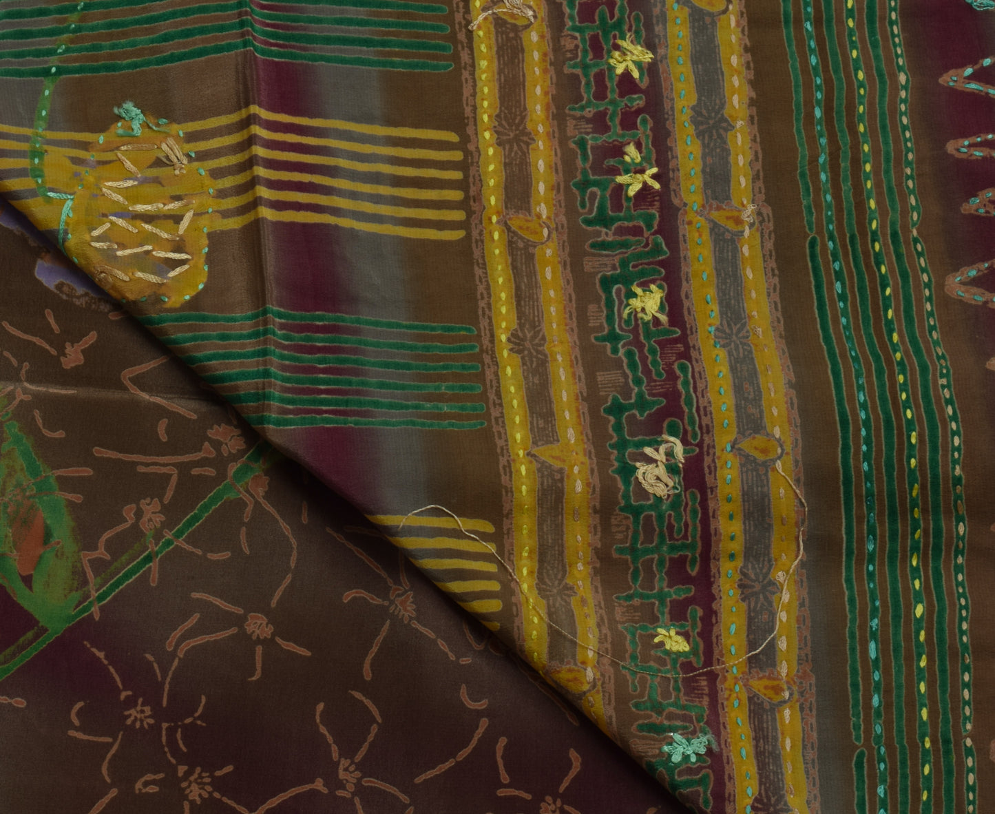 Sushila Vintage Multi-Color Saree Pure Crepe Hand Embroidered Kantha Sari Fabric