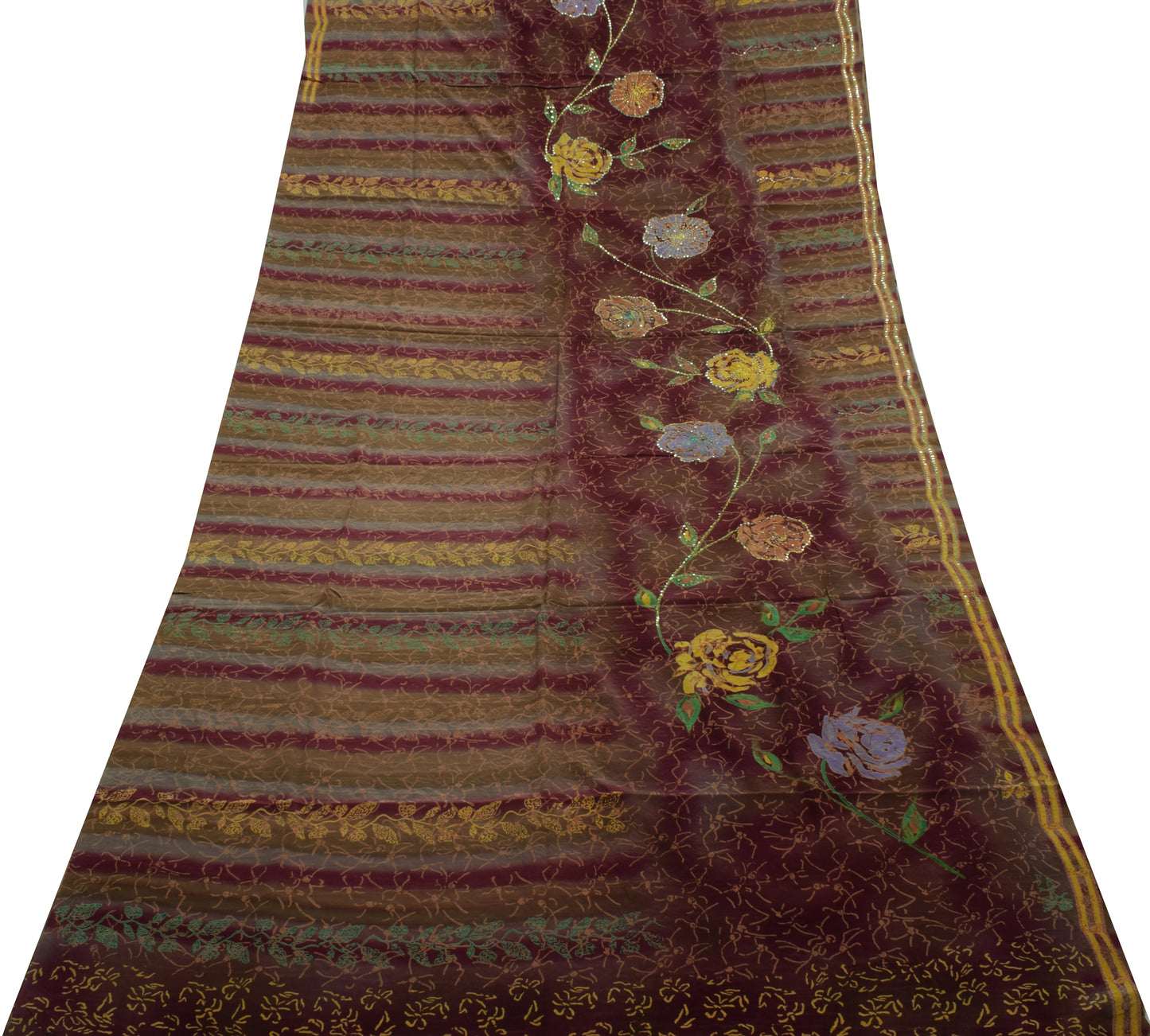 Sushila Vintage Multi-Color Saree Pure Crepe Hand Embroidered Kantha Sari Fabric