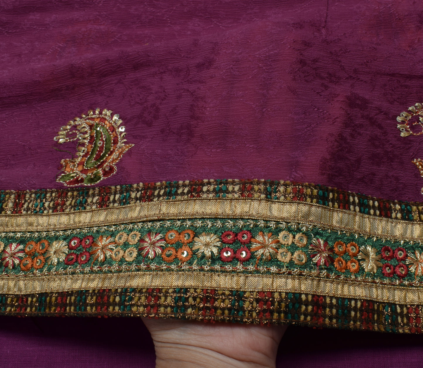 Sushila Vintage Purple Saree Pure Georgette Silk Hand Embroidered Sari Fabric