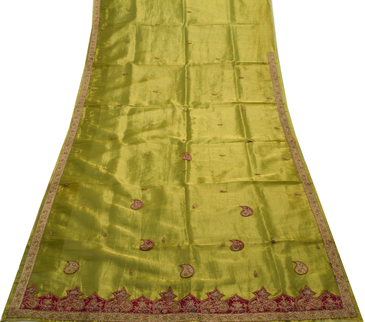 Sushila Vintage Green Saree Blend Tissue Silk Hand Beaded Zardozi Sari Fabric