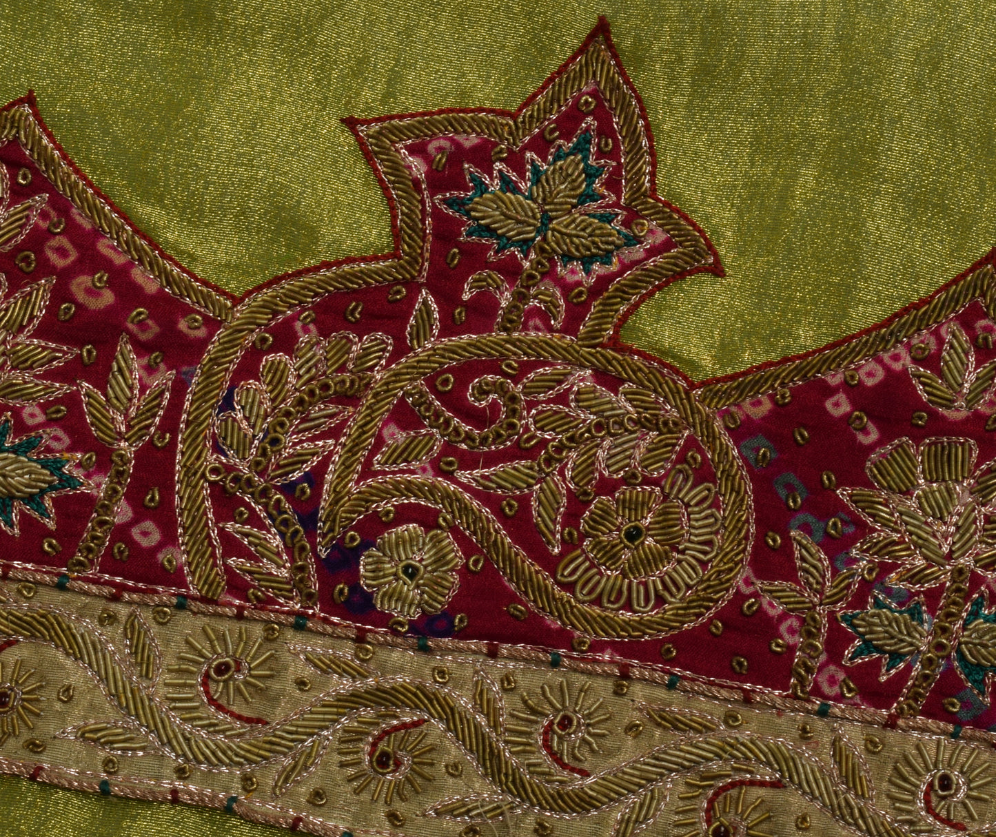 Sushila Vintage Green Saree Blend Tissue Silk Hand Beaded Zardozi Sari Fabric