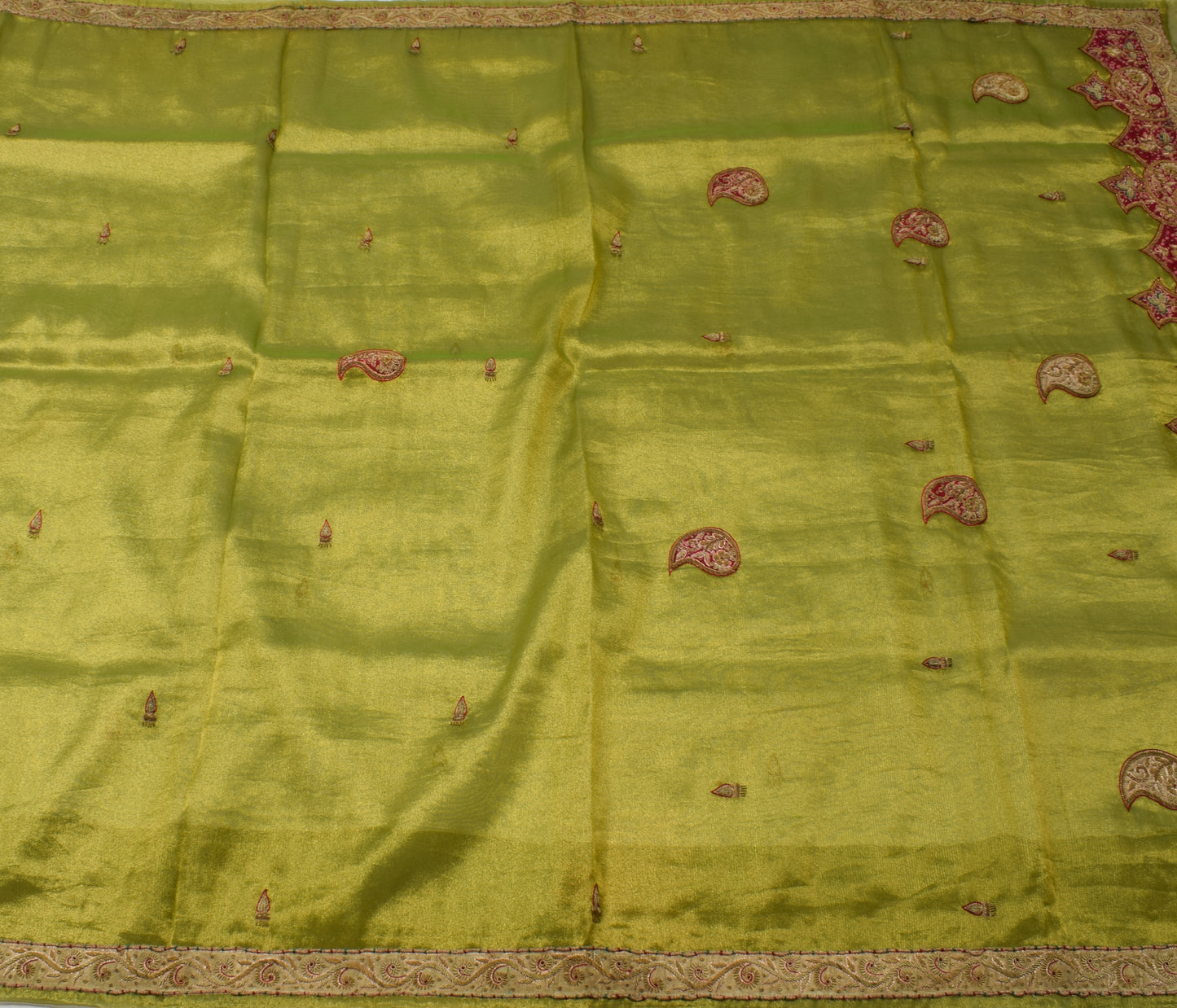 Sushila Vintage Green Saree Blend Tissue Silk Hand Beaded Zardozi Sari Fabric