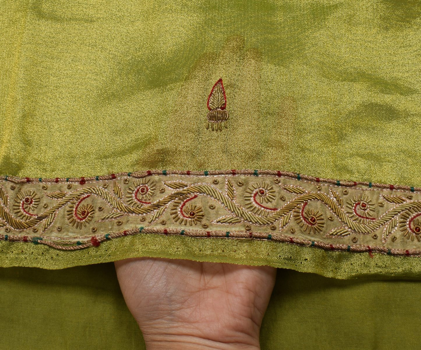 Sushila Vintage Green Saree Blend Tissue Silk Hand Beaded Zardozi Sari Fabric