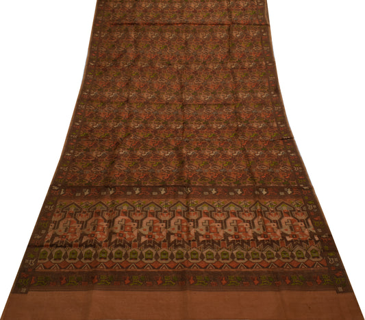 Sushila Vintage Indian Brown Saree 100% Pure Silk Woven 5 Yard Sari Craft Fabric