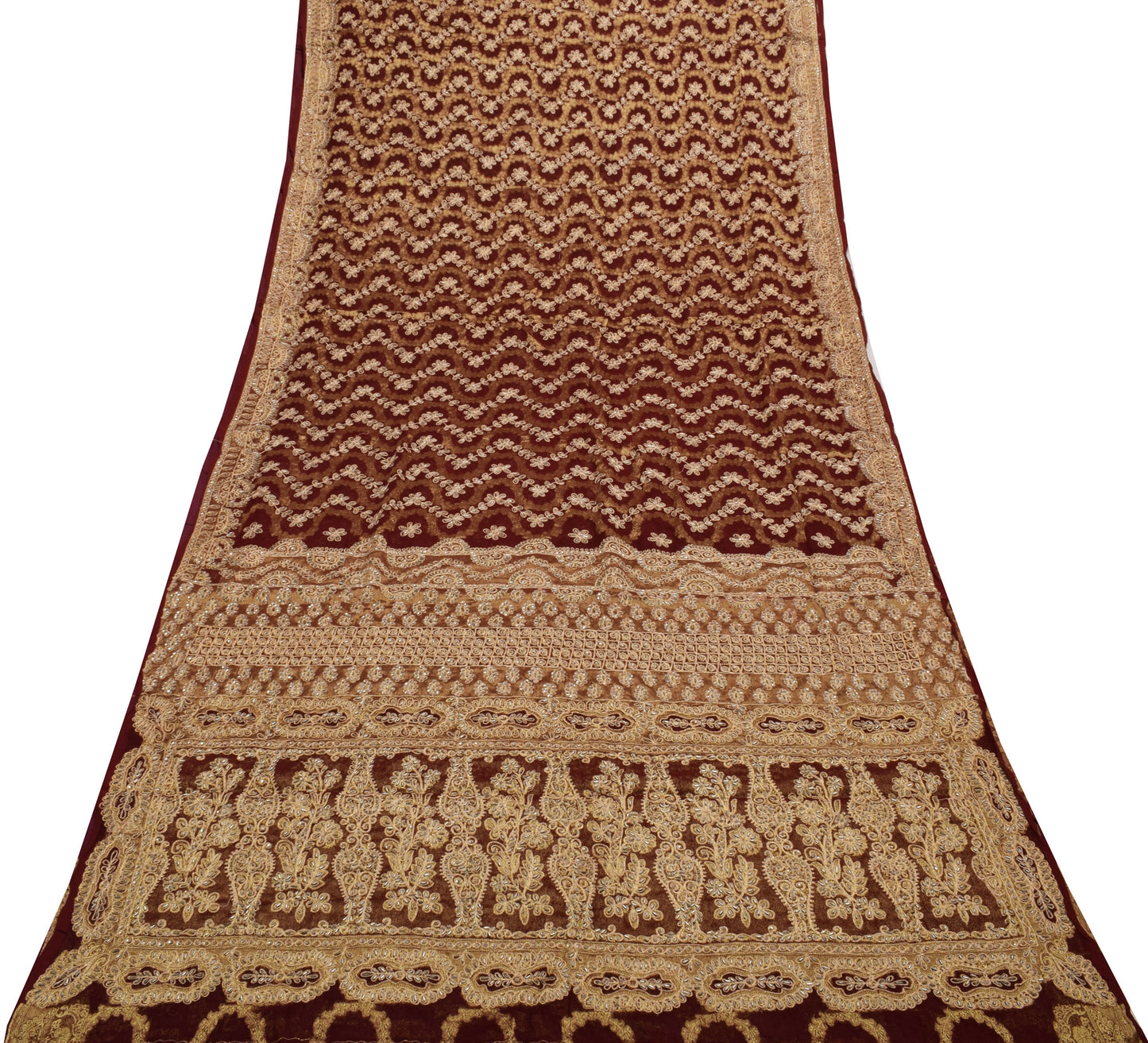 Sushila Vintage Maroon Saree Pure Georgette Silk Hand Beaded Floral Sari Fabric