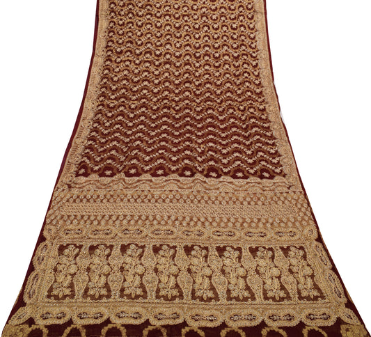 Sushila Vintage Maroon Saree Pure Georgette Silk Hand Beaded Floral Sari Fabric