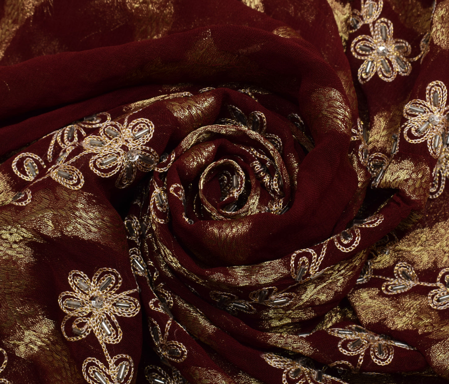 Sushila Vintage Maroon Saree Pure Georgette Silk Hand Beaded Floral Sari Fabric