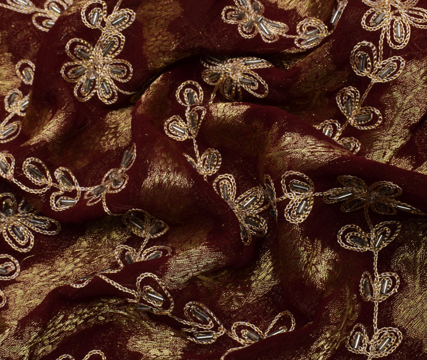 Sushila Vintage Maroon Saree Pure Georgette Silk Hand Beaded Floral Sari Fabric