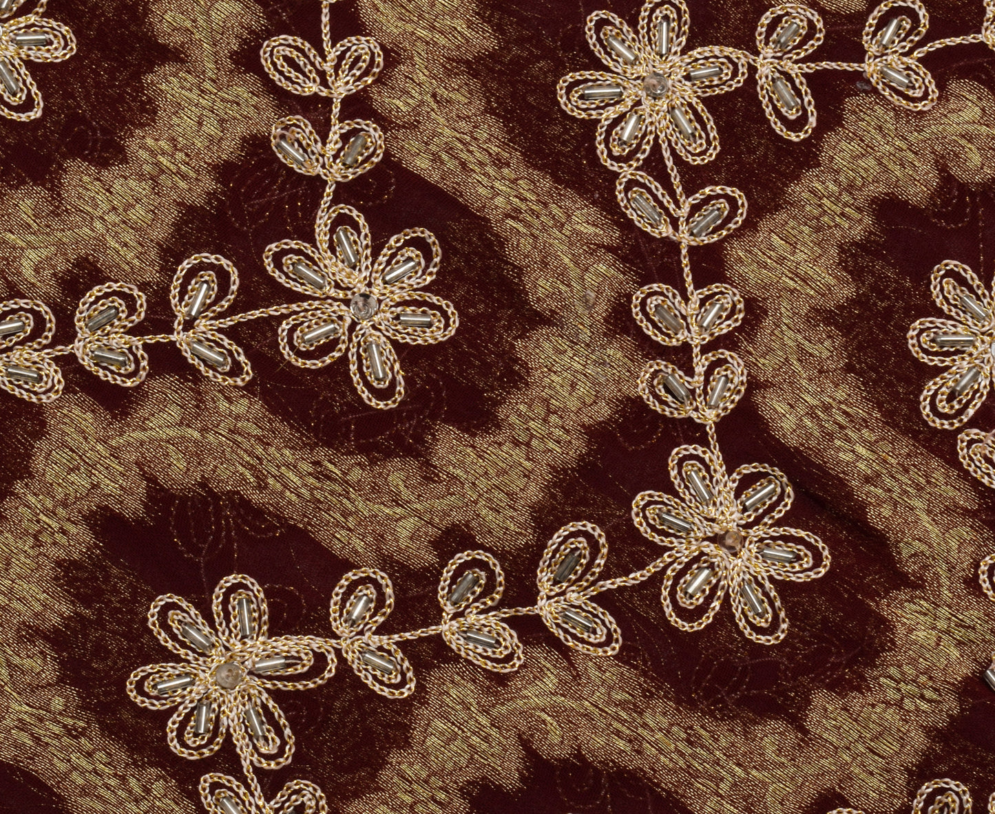Sushila Vintage Maroon Saree Pure Georgette Silk Hand Beaded Floral Sari Fabric