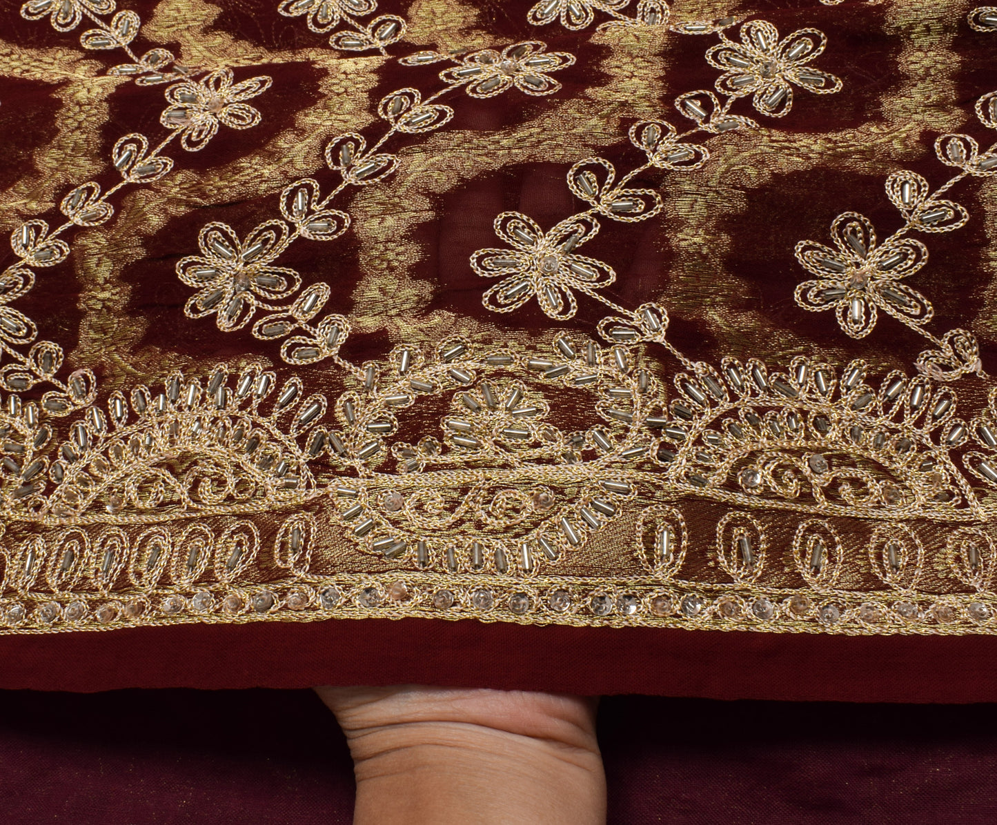 Sushila Vintage Maroon Saree Pure Georgette Silk Hand Beaded Floral Sari Fabric