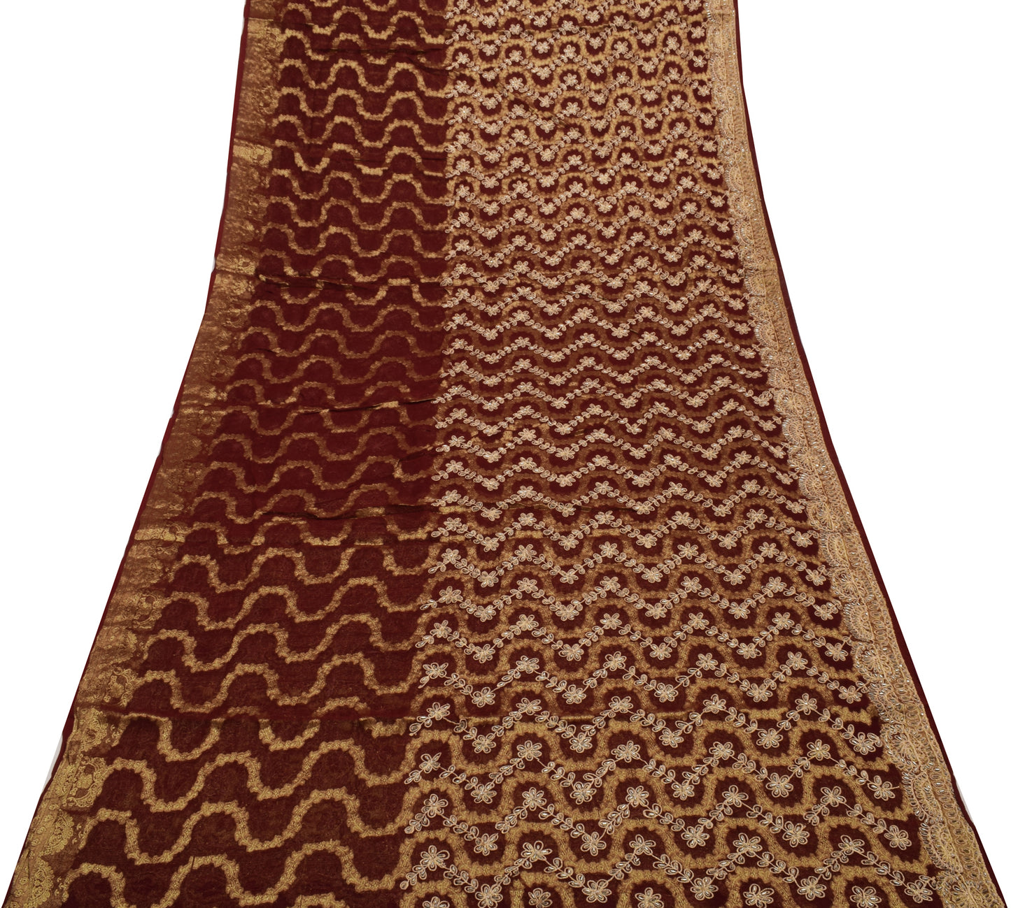Sushila Vintage Maroon Saree Pure Georgette Silk Hand Beaded Floral Sari Fabric